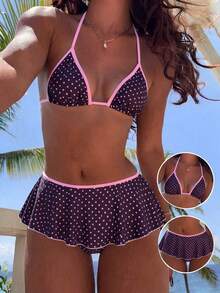 Bonvoyette 2026 Spring/Summer Springbreak Women Beachwear 2pcs Set, Spaghetti Strap Polka Dot Print Top And Ruffle Trim Contrast Color Bikini Bottoms, Beach Vacation Bikini Set Polka Dot Bathing Suit - Multicolor - View 3