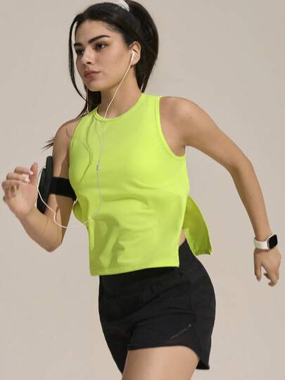 Exploreva Women's New Outdoor Sports Sleeveless Neon Yellow-Green Split Hem Tank Top