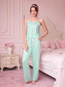 Bonmuse Ruffle Trim Polka Dot Print Camisole And Long Pants Pajama Set Polka Dot Pajama Set Women Nightwear Pajama Sets For Women Sleeveless Sleeveless Pajama Set Women Pajama Set - Green - View 3