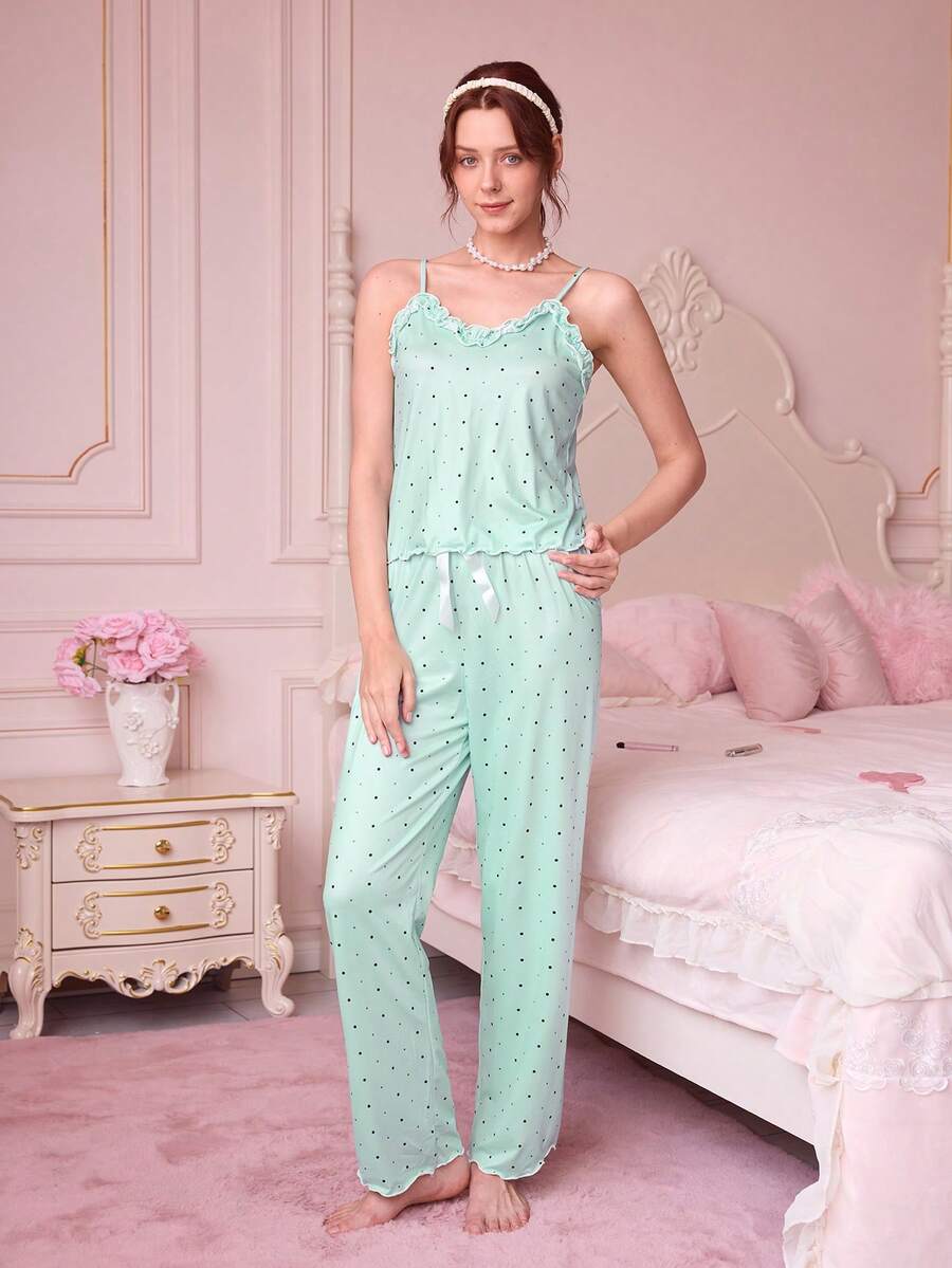 Bonmuse 荷葉邊飾波點印花吊帶上衣與長褲睡衣套裝 波點睡衣套裝 女士睡衣套裝 女士無袖睡衣套裝 夏季女款睡衣套裝 - 綠色 - 查看 1