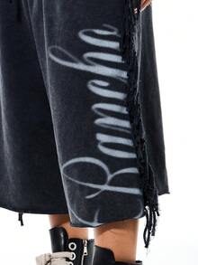 SUMWON WOMEN Womens Washed Denim Wide Leg Bermuda Jorts With Fringe Detail Elastic Waist Casual Summer Shorts - Black - View 4
