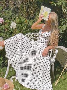 Lucivie 女士优雅浪漫复古甜心领口束腰喇叭裙摆波点无袖连衣裙 - 白色 - 查看 6