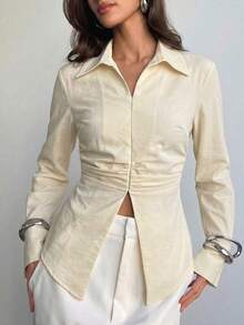 Modelyn 女士春夏黄色梭织长袖V领系腰纽扣A字优雅衬衫 - 黃色 - 查看 6