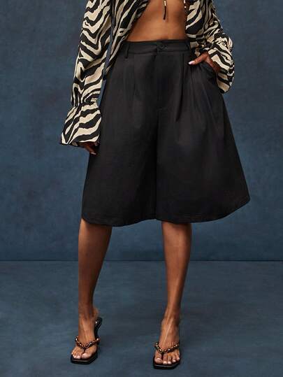 Vixey Solid Woven High Waist Pleated Culotte Shorts