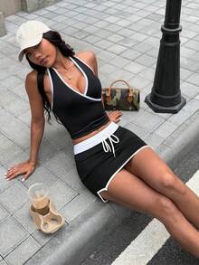 Dewbera Dewbera Gonna sportiva con pantaloncini, donna, con design 2 in 1, coulisse in vita, silhouette a-line, spacco laterale, tasche, adatta per uso casual, corsa, yoga, palestra, tennis, golf - nero - Visualizzare 8