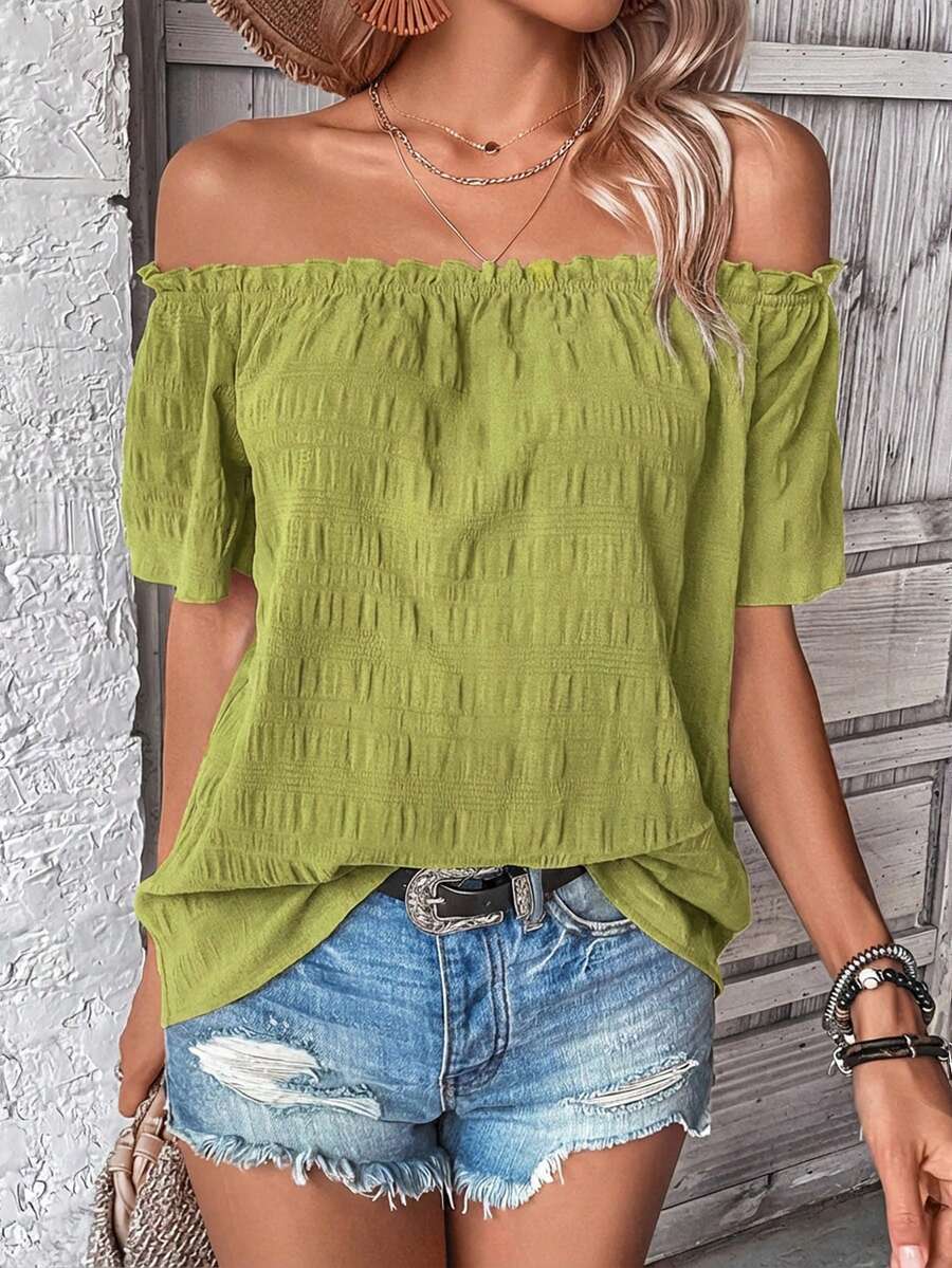 SHEIN LUNE 女士度假纯色荷叶边露肩短袖衬衫浅绿色上衣绿色夏季上衣女士露肩上衣露肩上衣绿色露肩上衣 - 綠色 - 查看 1