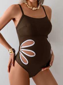 Swim Vcay 孕妇镂空花卉连体泳衣 - 棕色 - 查看 1