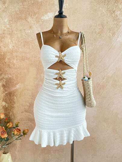 Soleia Women's Metal Starfish Decor Hollow Out Sexy Spaghetti Strap Mini Dress
