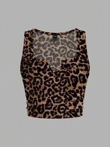 Slaydiva 百搭豹纹罗纹面料，舒适大码吊带背心/吊带衫，休闲简约，适合夏季穿着 - 棕色 - 查看 1