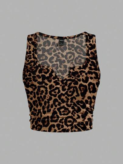 Slaydiva Versatile Leopard Print Ribbed Fabric Comfortable Plus Size Camisole And Tank Top, Casual Minimalist Suitable For Summer