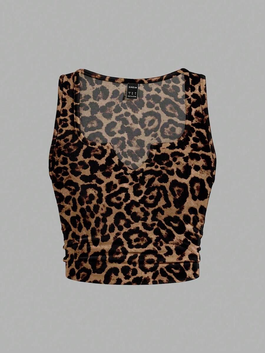 Slaydiva 百搭豹纹罗纹面料，舒适大码吊带背心/吊带衫，休闲简约，适合夏季穿着 - 棕色 - 查看 1