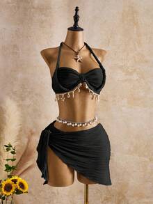 Bellisia 女士时尚米色波浪纹贝壳星形装饰吊带比基尼泳衣套装，春夏秋季 - 黑色 - 查看 4