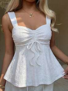 SHEIN Teen Girls Knitted Textured Ruched Bust Casual Camisole - White - View 1