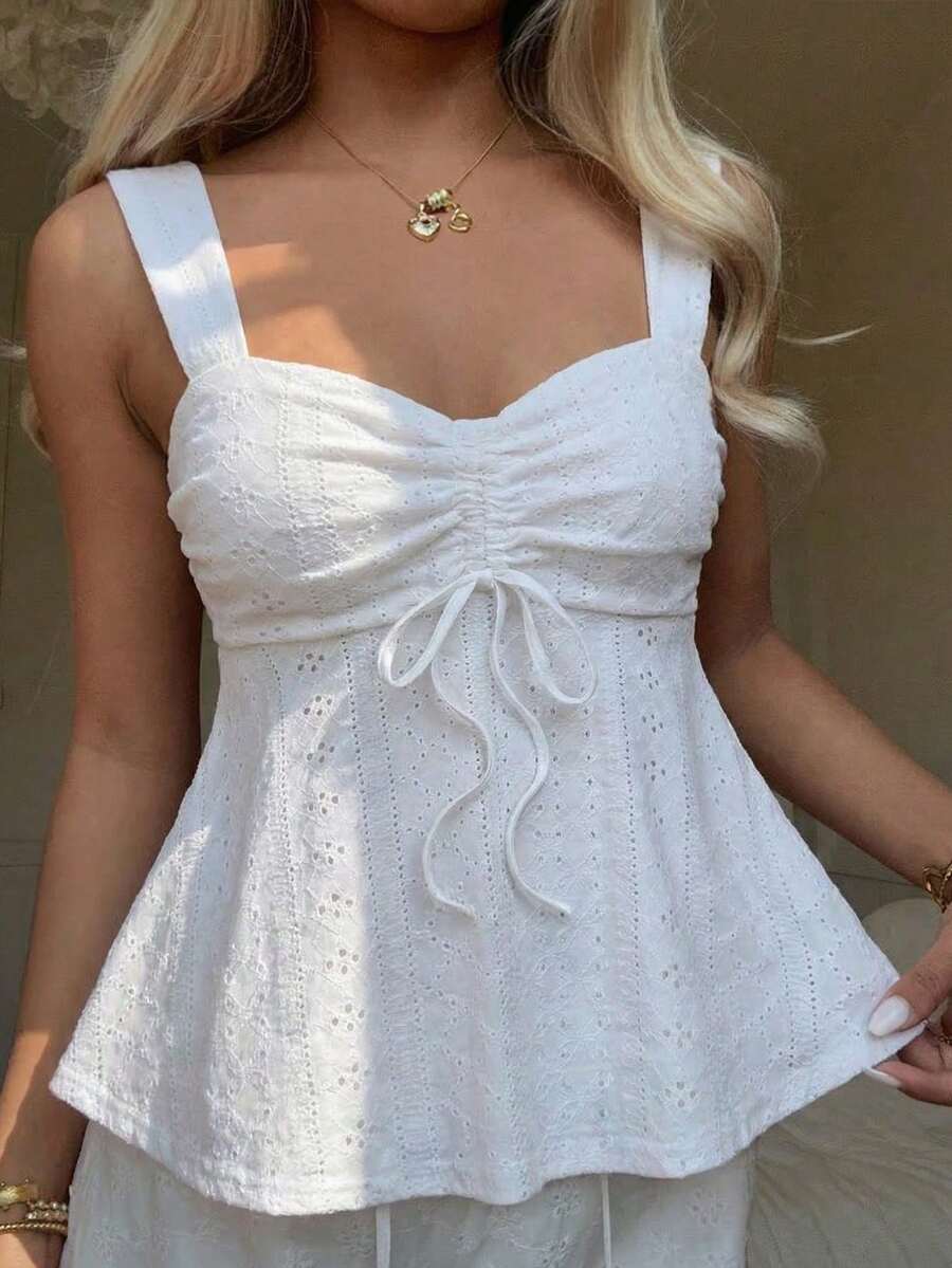 SHEIN Teen Girls Knitted Textured Ruched Bust Casual Camisole - White - View 1