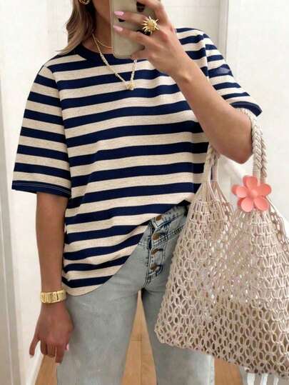 EMERY ROSE Women's Striped Short-Sleeved T-Shirt, Casual Outdoor Wear, Cute T-Shirt, Loungewear