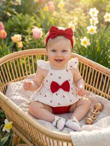 SHEIN Newborn Baby Summer Sweet Cherry Print Ruffle Trim Dress & Diaper Cover 2pcs Set - Red - View 7