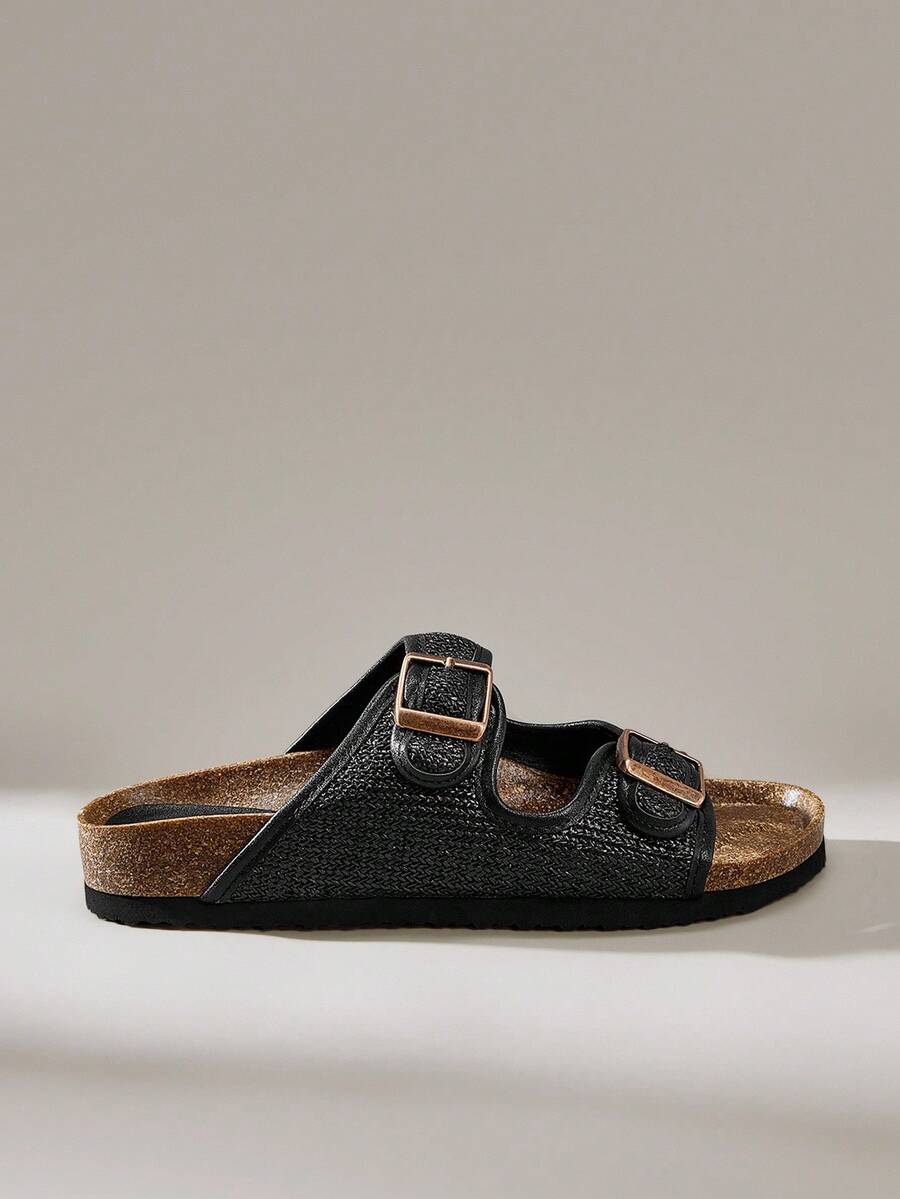 Solecia Sandalias planas casuales con hebilla ajustable para mujer - Caqui - Ver 1