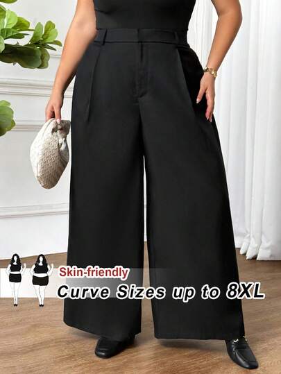 SHEIN CURVE+ 大码女士优雅长裤，商务休闲女士西装裤，女士阔腿裤，办公室女士宽松西装裤，职业女装，办公灰色