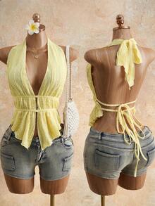 Mistrie 女士提花针织性感露背吊带背心，度假必备 - 淡黃色 - 查看 1