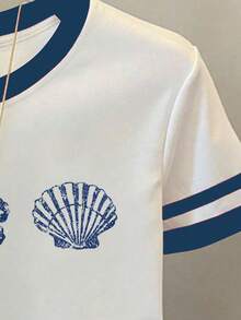 少女星形印花宽松休闲撞色条纹圆领T恤上衣，适合夏季、日常穿着、返校季、姐妹装、度假等场合。 - 彩色 - 查看 4