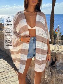 EURMUSE 米白色条纹镂空针织棉质开衫，宽松轻盈透气，适合夏季度假沙滩罩衫。 - 彩色 - 查看 5