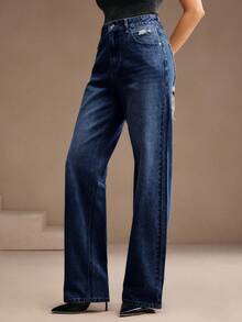Anewsta Women's Ripped Rhinestone Embellished Casual Everyday Straight Leg Jeans - Blue - View 5