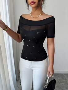 Elenzga 女士优雅露肩黑色网纱拼接透视性感修身短袖串珠装饰黑色T恤，春夏款 - 黑色 - 查看 7