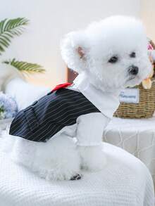 PETSIN 1pc Pet Tailcoat Vest, Cat And Dog Wear Universal Clothes, Red Tie With Traction D-Buckle Striped Suit Dress - Black and White - View 6