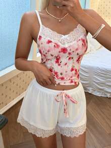 SHEIN Romantic Countryside Contrast Color Floral Print Fitted Camisole & Shorts Pajama Set For Women - White - View 4