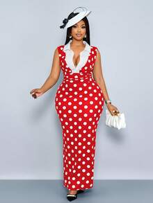 SOLERSUN 女士加大码性感优雅波点黑色长裙，秋冬春季新款时尚单品。 - 紅色 - 查看 1