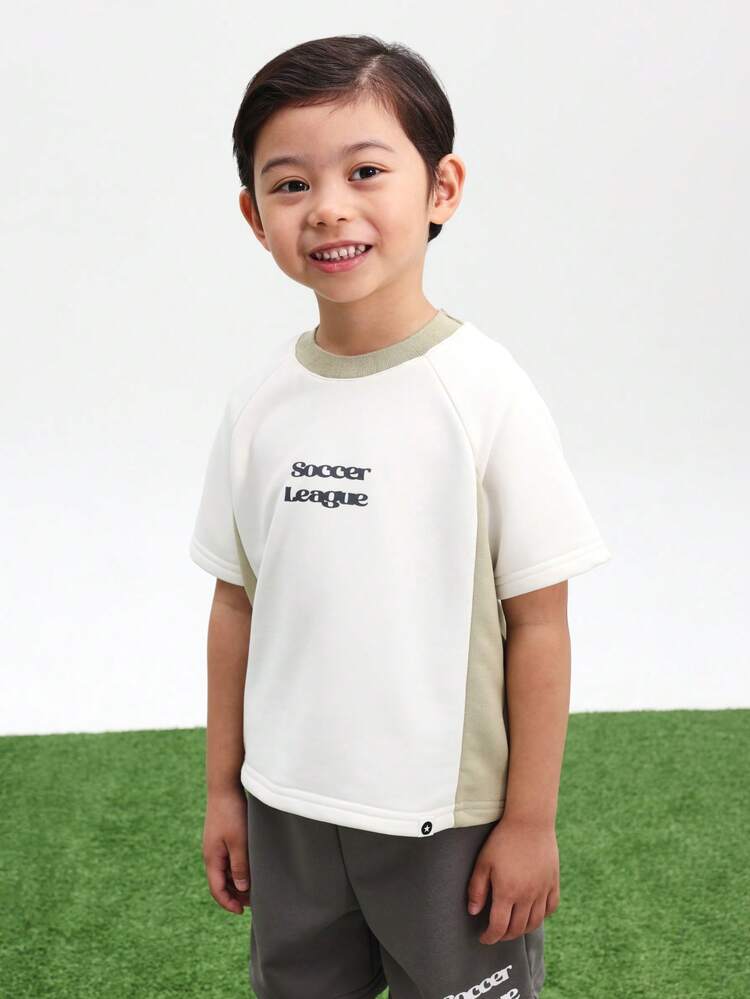 Boys Soccer League Short Sleeve Crew Neck T-Shirt And Shorts Two Piece Casual Set With Chest Print