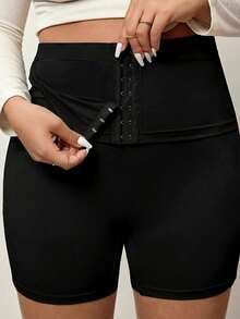 Enliva Plus Size Women High Elasticity Solid Color Tummy Control Slim Fit Shorts, For Apple And Rounded Body Shape - Black - View 7