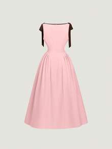 EMERY ROSE New Arrival Waist Cinching A-Line Color Block Bow Tie Midi Dress - Pink - View 2