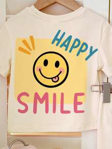 SHEIN 米白色可爱笑脸图案休闲圆领短袖T恤和紧身骑行短裤两件套，适合春夏日常穿着、外出、度假。 - 彩色 - 查看 6