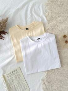 Tseoso 2件套休闲简约圆领短袖打底衫，杏色和白色，春夏款 - 彩色 - 查看 4