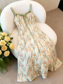 GlowEve Tulip Print Dress, Artistic Floral Sleeveless Summer Vacation Dress - Multicolor - View 1