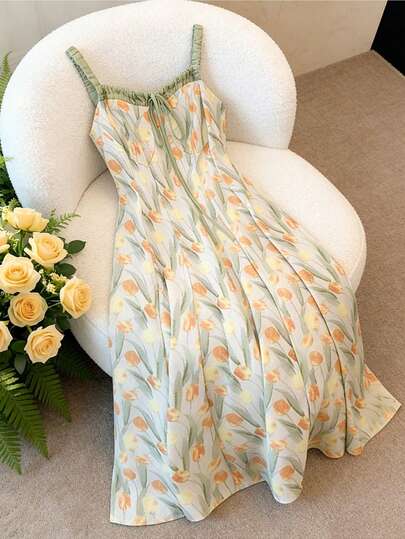 GlowEve Tulip Print Dress, Artistic Floral Sleeveless Summer Vacation Dress