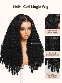 ALL READY WIG 13x4 预剪预拔预漂白自然黑缅甸卷发混合纹理假发，带手指卷曲发尾，适合所有头围，透明蕾丝，100%真人发 - SNatural - 查看 8