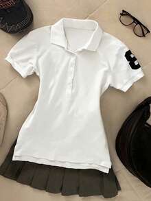 INAWLY Women's Fashion Color Block Button Front Short Sleeve T-Shirt Jersey - White - View 5