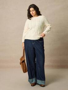 Juhart 女士纯色圆领抽绳休闲日常套头毛衣 - 杏色 - 查看 6