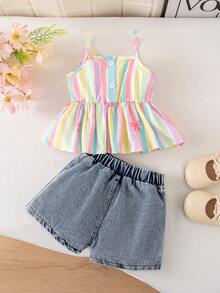 SHEIN Playful Pals 2件套女婴外出服，春夏休闲可爱风，蝴蝶结印花无袖吊带上衣和蝴蝶结装饰短牛仔裤 - 粉色 - 查看 2