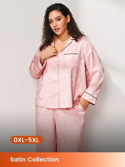 LUVLETTE Summer Breathable Plus Size Pink Satin Pajama Set - Long-Sleeve Top & Wide-Leg Pants With Black Trim Lightweight Lounge Wear Pyjama