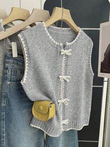 Franclia New Korean Design Contrast Stitching Layered Knit Vest For Women, Fashionable Sleeveless Cardigan Top For Autumn/Winter - Light Grey - View 4