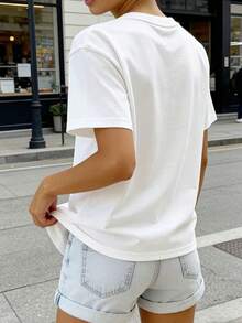 SHEIN 女士休闲日常通勤度假风蝴蝶结柠檬字母印花宽松落肩白色T恤，夏季 - 白色 - 查看 2