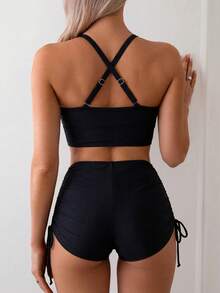 Swim Chiccia Women's Two Pieces Solid Color Slimming Tankini Bikini Set Set With Side Drawstring, Suitable For Beach, Resort, Casual Party - Black - View 2