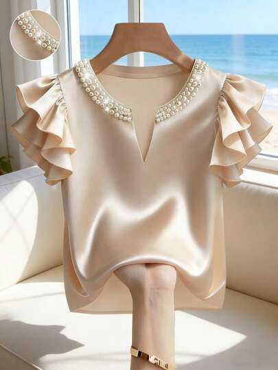 Franclia Women's Elegant V-Neck Champagne-Colored Short-Sleeved Blouse With Pearl Trim And Ruffles, Suitable For Summer Wear, Summer Outfits, Summer Shirts, Easter Shirts, Women's Holiday Attire, Women's Elegant Party Shirts, Party Tops, Elegant Party Shirts, Elegant Party Shirts, Women's Casual Shirts, Women's Casual Tops, V-Neck Elegant Shirts, Pearl Shirts, Pearl Elegant Shirts, Champagne-Colored Shirts, Apricot-Colored Shirts, Women's Holiday Outfits, Women's Social/Formal Tops, Social/Workwear Tops, Women's Color-Blocked Tops.Graduation Season Attire, Fashionable Casual Commuter Wear, Business Office Wear, Versatile And Stylish Everyday Casual Wear, Urban Teacher's Professional Attire