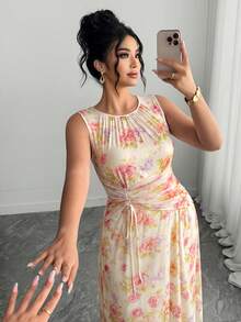 Elenzga Plus Size Women Floral Print Ruched Round Neck Casual Sleeveless Dress - Multicolor - View 6
