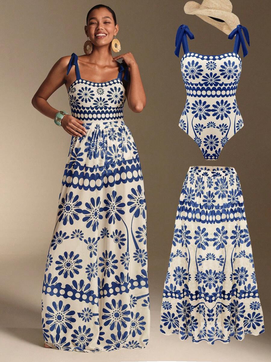 Swim Oasis 26SS Summer Holiday Beach Holiday Vacation BOHO Beige Floral One-Piece Swimsuit Skirt Set
