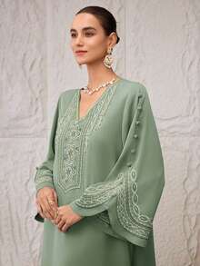 Al Najma Women's V-Neck Floral Embroidery Pattern Casual Loose Dress, Suitable For Party And Outing - Green - View 6