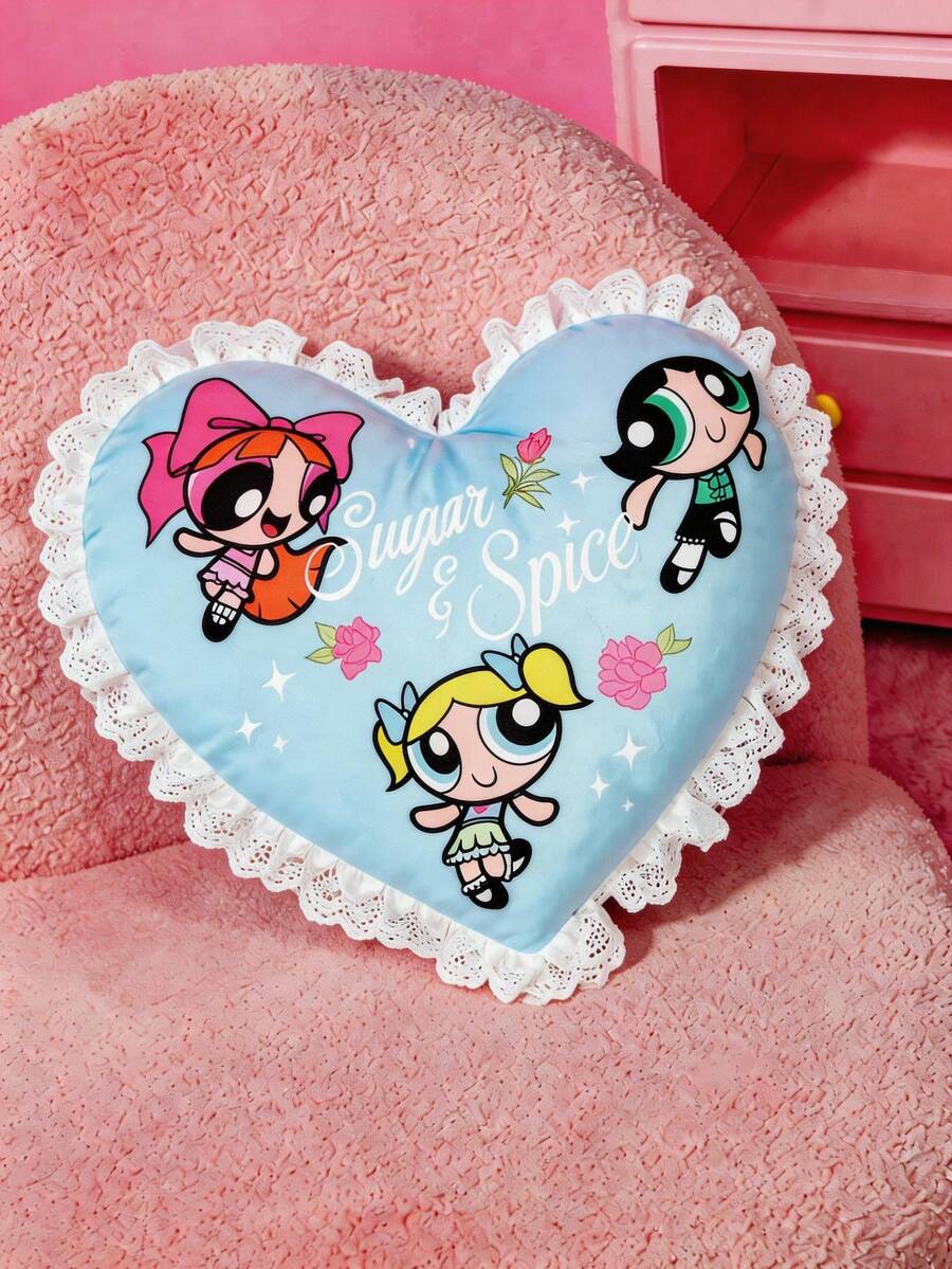 THE POWERPUFF GIRLS X Joivida 1 个心形抱枕，采用数码印花心形图案，天鹅绒面料，蕾丝滚边，填充物为棉絮。 - 藍色 - 查看 1